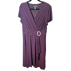 Plum Purple Rhinestone Buckle Faux Wrap Dress 14W Plus sz Wedding
